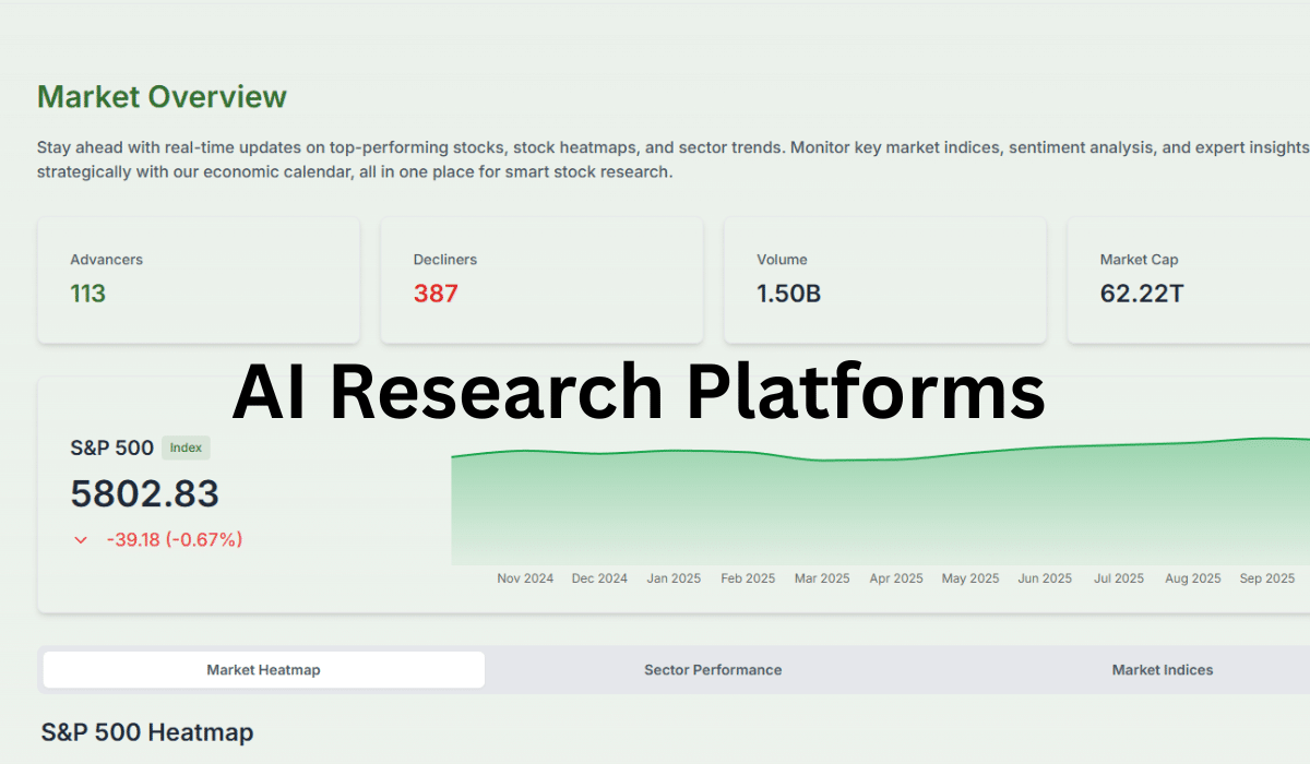 Best AI Tools for Stock Market Research Transform Trading in 2025 1 AI research platforms showing S&P 500 market overview with real-time stock data and market indices for investment analy