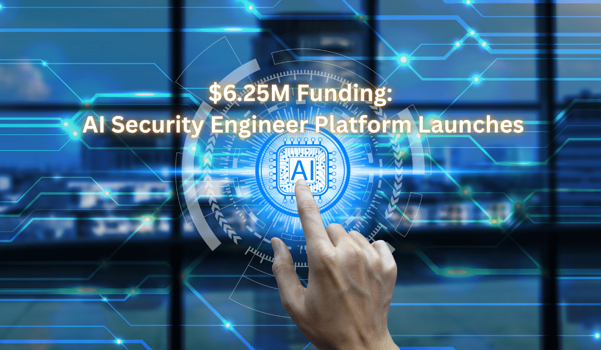 I security engineer platform with $6.25M funding announcement, showing AI technology icon with circuit board patterns and blue security interface for enterprise data protection monitoring