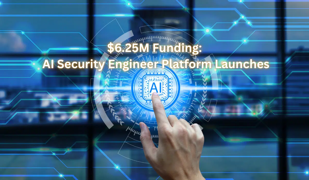 I security engineer platform with $6.25M funding announcement, showing AI technology icon with circuit board patterns and blue security interface for enterprise data protection monitoring