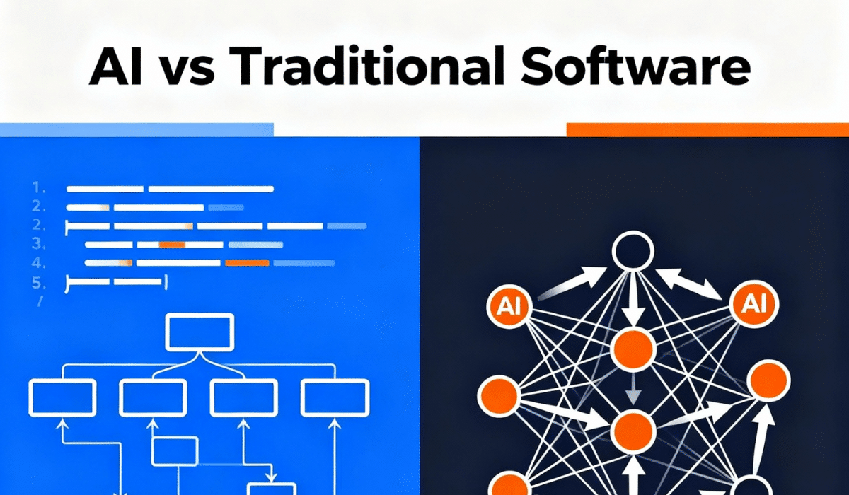 AI vs Traditional Software comparison diagram showing rule-based programming versus adaptive machine learning systems for beginners
