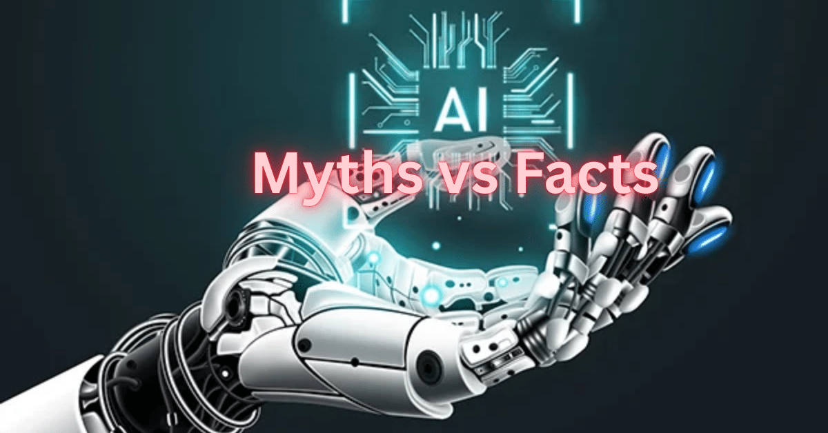 AI Myths vs Facts illustration – robotic hand under glowing AI chip, highlighting common misconceptions versus realities in artificial intelligence