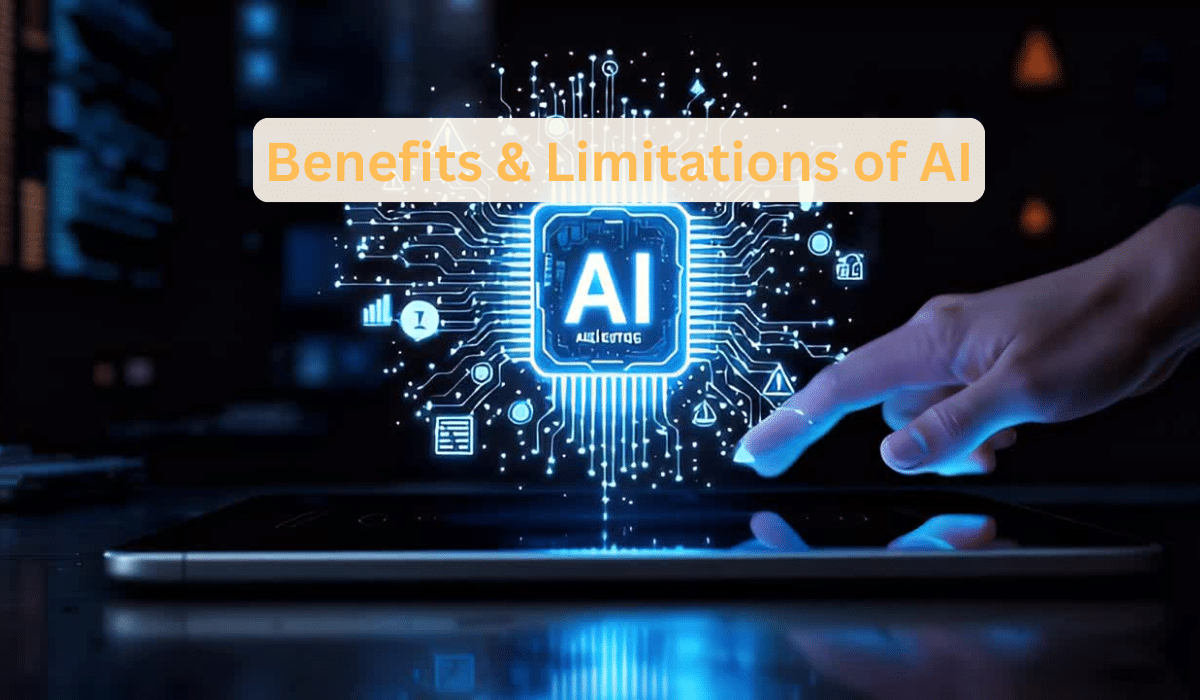 Benefits and Limitations of AI - Hand touching holographic AI chip showing advantages and constraints of artificial intelligence technology