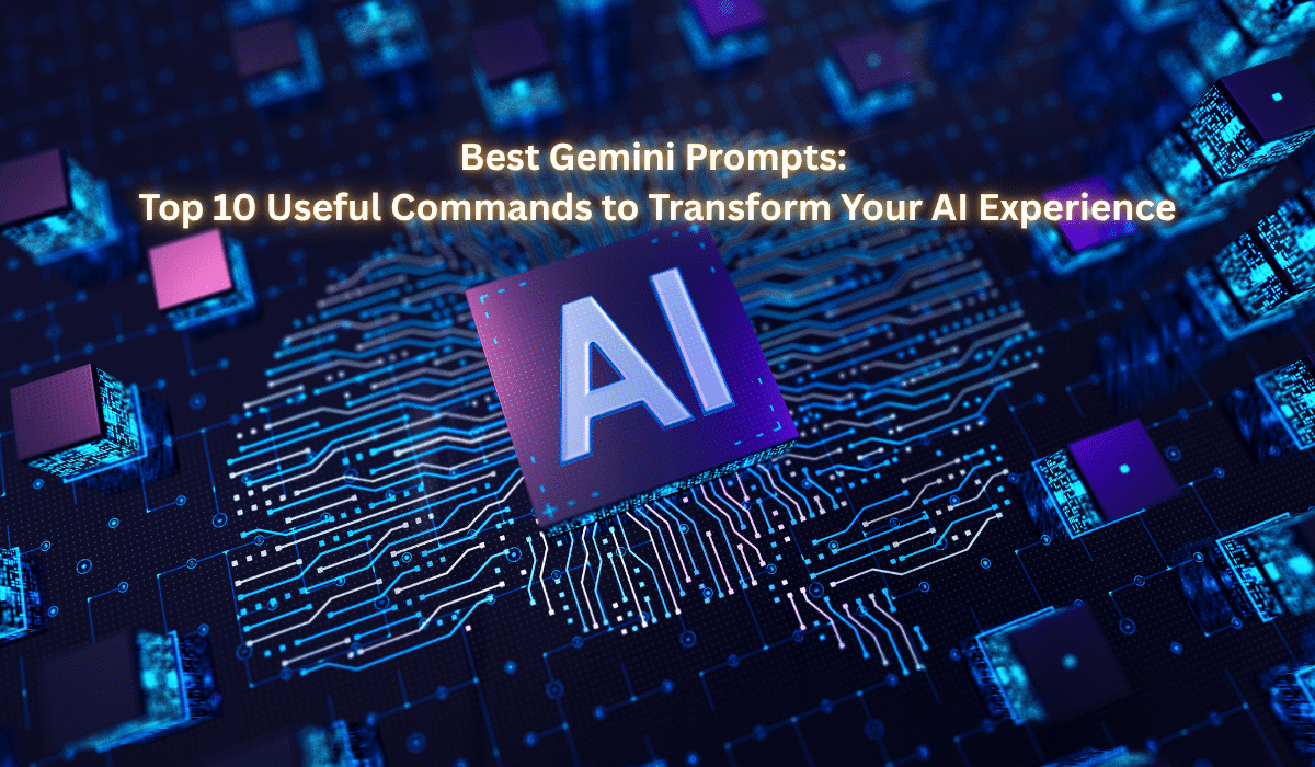 Best Gemini prompts infographic displaying top 10 AI commands with Google Gemini AI logo and circuit board technology background representing artificial intelligence productivity tools