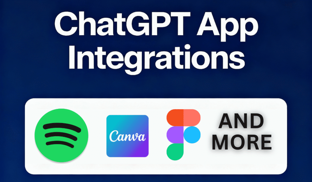 ChatGPT App Integrations: How to Connect Spotify, Canva, Figma & 5 More Apps 1 ChatGPT app integrations featuring Spotify, Canva, and Figma logos with "and more" text on dark blue background for OpenAI connected apps feature