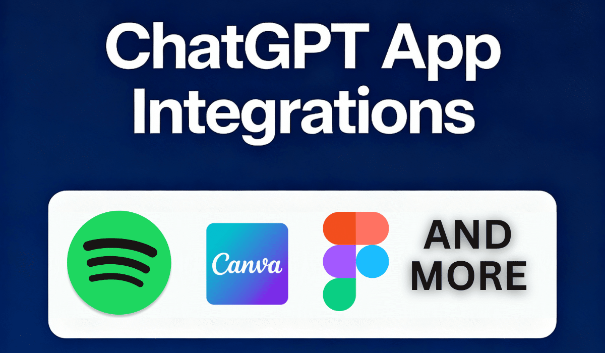 Home 3 ChatGPT app integrations featuring Spotify, Canva, and Figma logos with "and more" text on dark blue background for OpenAI connected apps feature