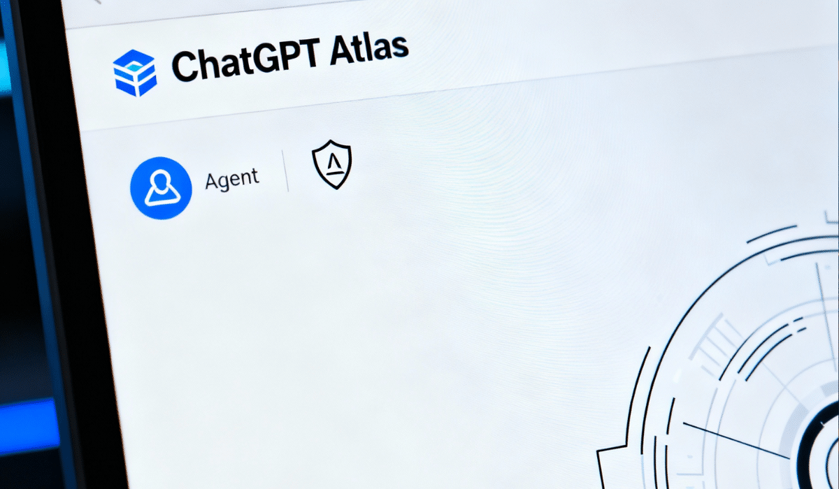 Home 2 ChatGPT Atlas browser interface showing Agent mode icon and security shield symbol highlighting AI-powered browsing features and security concerns