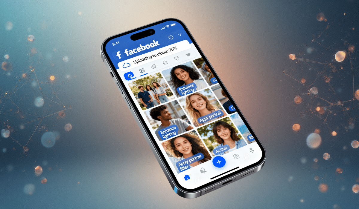 Home 17 Facebook AI photo editing feature interface showing camera roll suggestions with cloud processing notification and AI editing options on smartphone screen