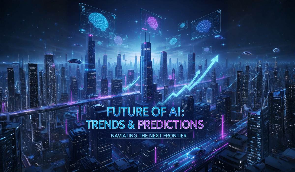 Future of AI Trends and Predictions showing futuristic smart city with autonomous vehicles, holographic interfaces, and AI-powered digital networks
