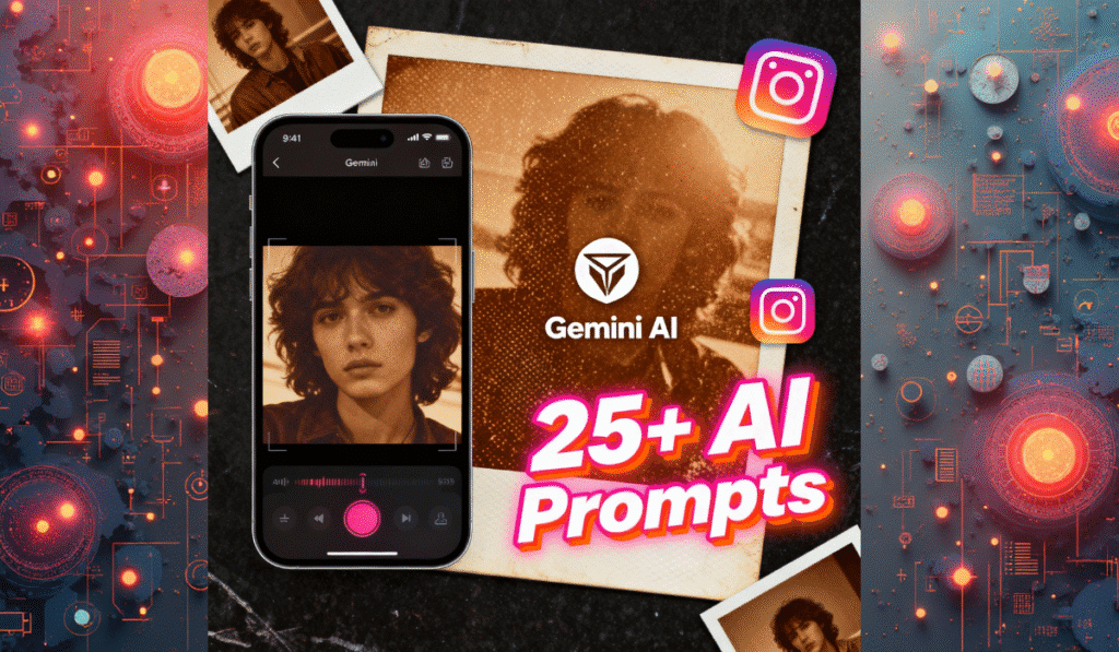 Gemini AI prompts for retro photos showcasing smartphone interface with vintage portrait effects and Instagram integration for nostalgic photo edits