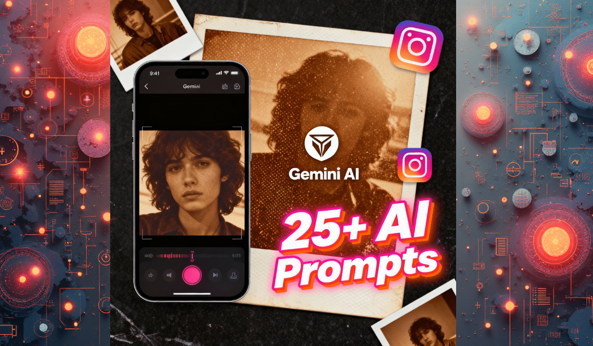 Home 15 Gemini AI prompts for retro photos showcasing smartphone interface with vintage portrait effects and Instagram integration for nostalgic photo edits