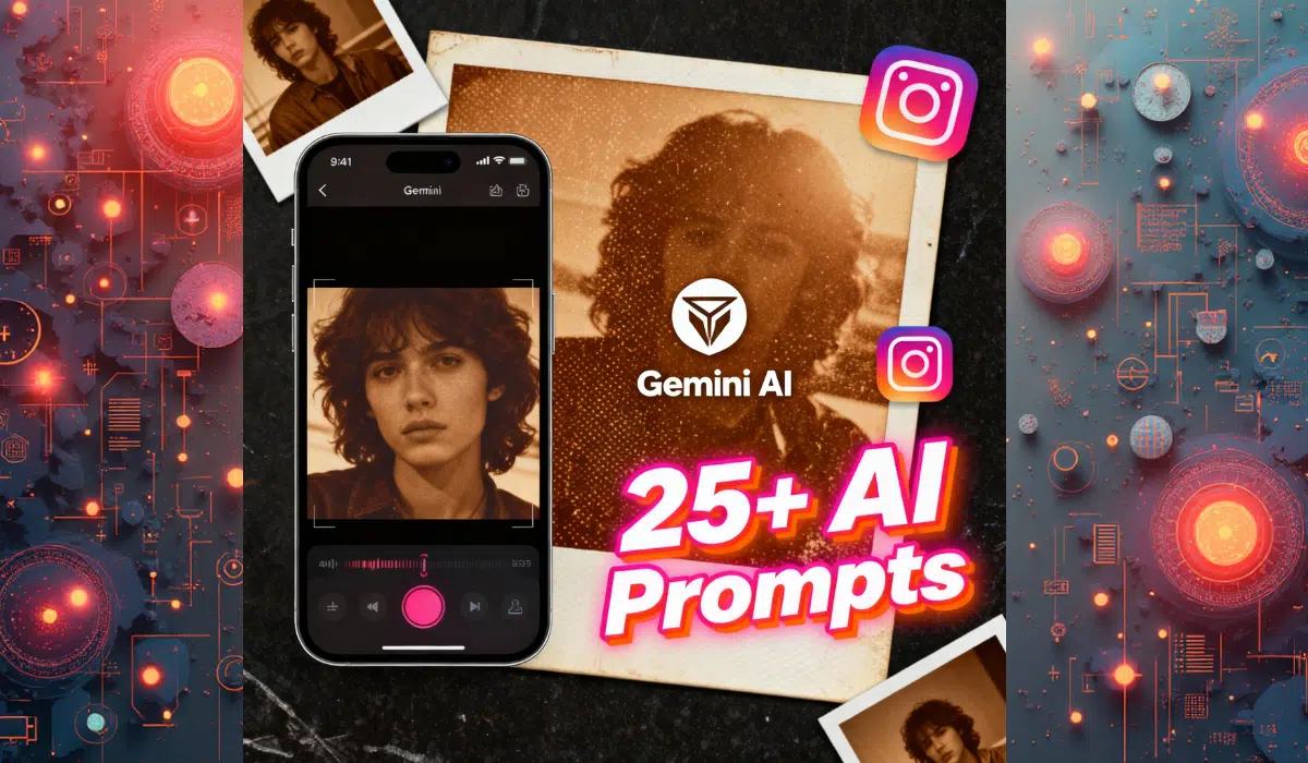 Gemini AI prompts for retro photos showcasing smartphone interface with vintage portrait effects and Instagram integration for nostalgic photo edits