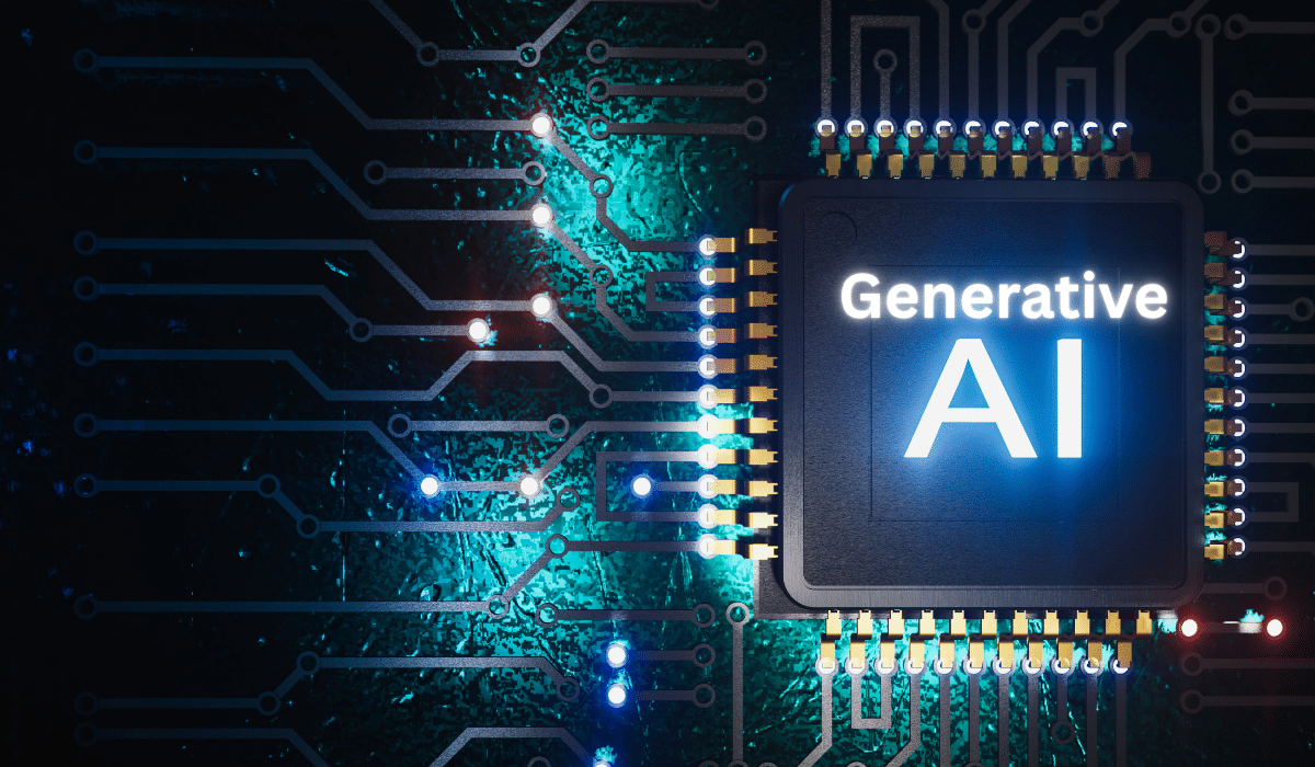 Generative AI chip on circuit board with glowing connections showing AI technology creating original content through neural networks