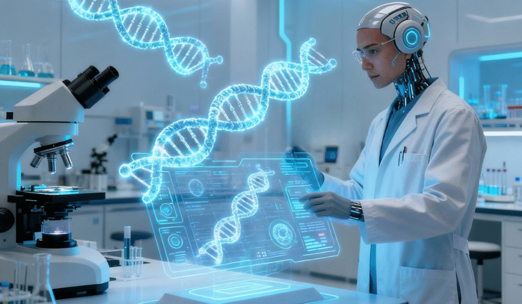 Google AI cancer research scientist analyzing DNA genetic mutations on holographic display in futuristic medical laboratory