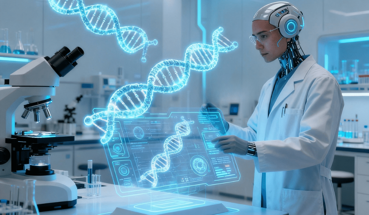 Google AI cancer research scientist analyzing DNA genetic mutations on holographic display in futuristic medical laboratory