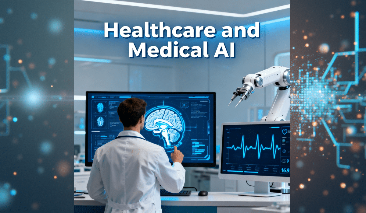Healthcare and Medical AI showing doctor analyzing medical scans with AI diagnostics, brain imaging, and robotic surgery technology