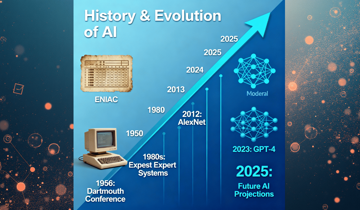 History and Evolution of AI timeline from 1950 Turing Test to 2025 showing AI milestones including Deep Blue, AlphaGo, and ChatGPT