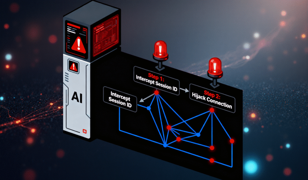 MCP Prompt Hijacking: Major AI Security Threat Discovered in October 2025 1 MCP prompt hijacking vulnerability diagram showing AI system session ID interception and hijack connection attack flow with security warnings