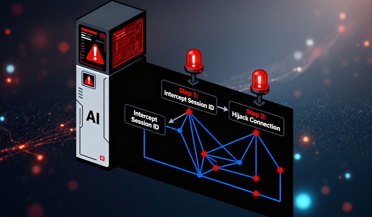 Home 13 MCP prompt hijacking vulnerability diagram showing AI system session ID interception and hijack connection attack flow with security warnings