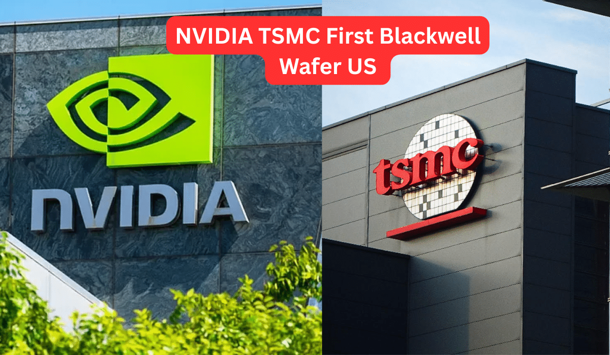 Home 6 NVIDIA and TSMC corporate headquarters buildings with logos showing first Blackwell wafer US production partnership announcement