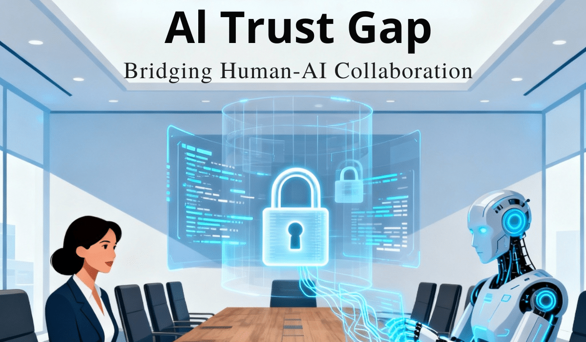 Business professional and AI robot discussing AI trust gap solutions with digital security interface in modern corporate boardroom