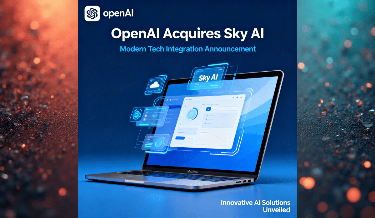 Home 4 OpenAI acquires Sky AI interface for Mac showing MacBook with floating AI interface panels and modern tech integration announcement