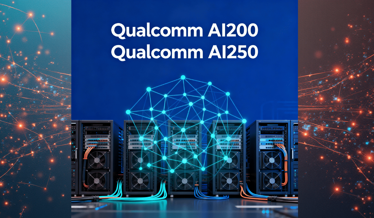 Qualcomm AI200 and AI250 chips data center servers with neural network visualization for artificial intelligence inference workloads