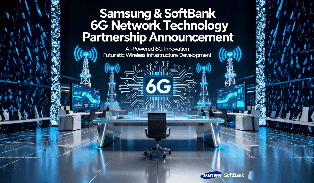Home 8 Samsung and SoftBank 6G network technology partnership announcement with AI-powered wireless infrastructure and futuristic telecommunications towers