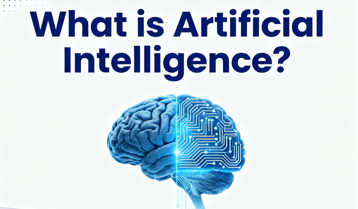What is Artificial Intelligence - Human brain merging with digital circuit board showing AI technology combining human intelligence with machine learning