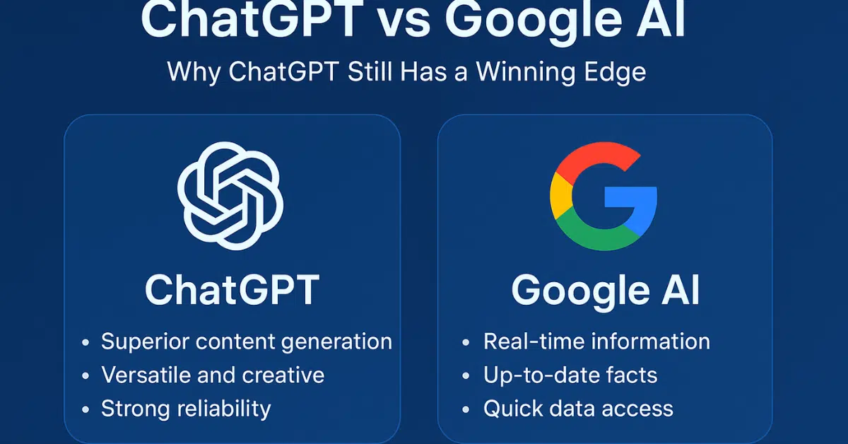 ChatGPT vs Google AI comparison graphic showing strengths of both models, highlighting ChatGPT’s creativity and reliability versus Google AI’s real-time information