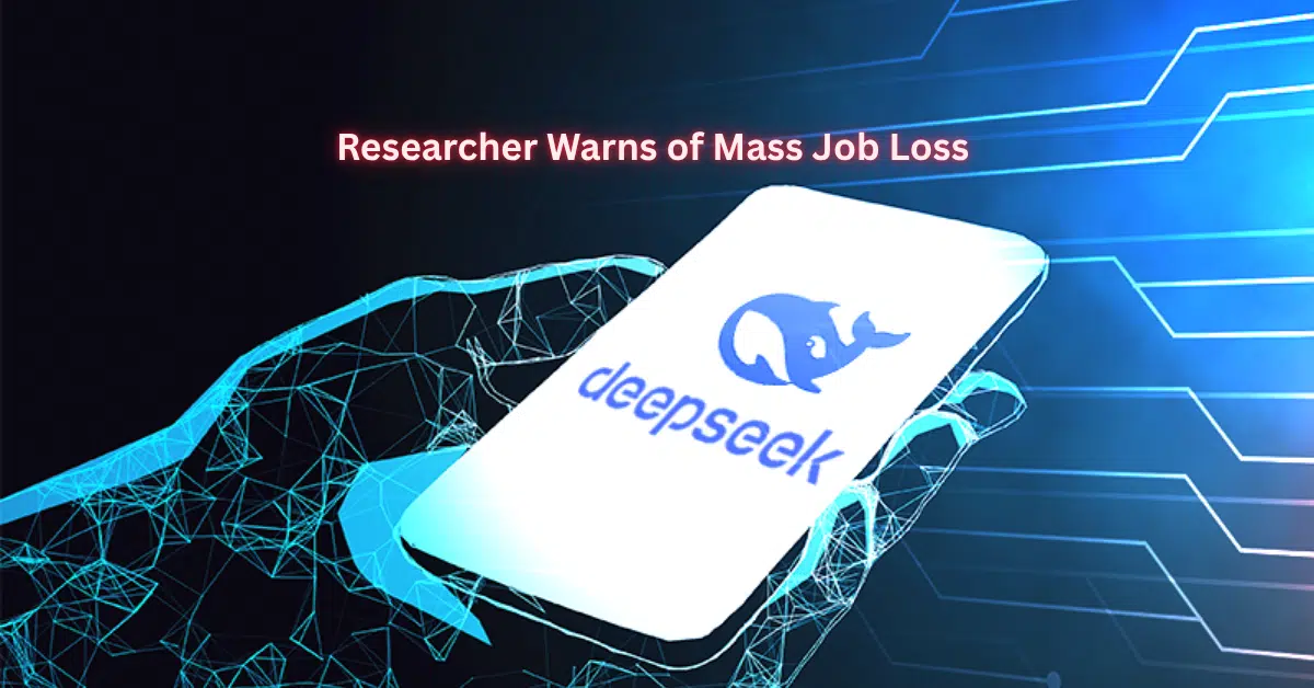 DeepSeek AI logo on smartphone screen with researcher warns mass job loss headline artificial intelligence technology concept