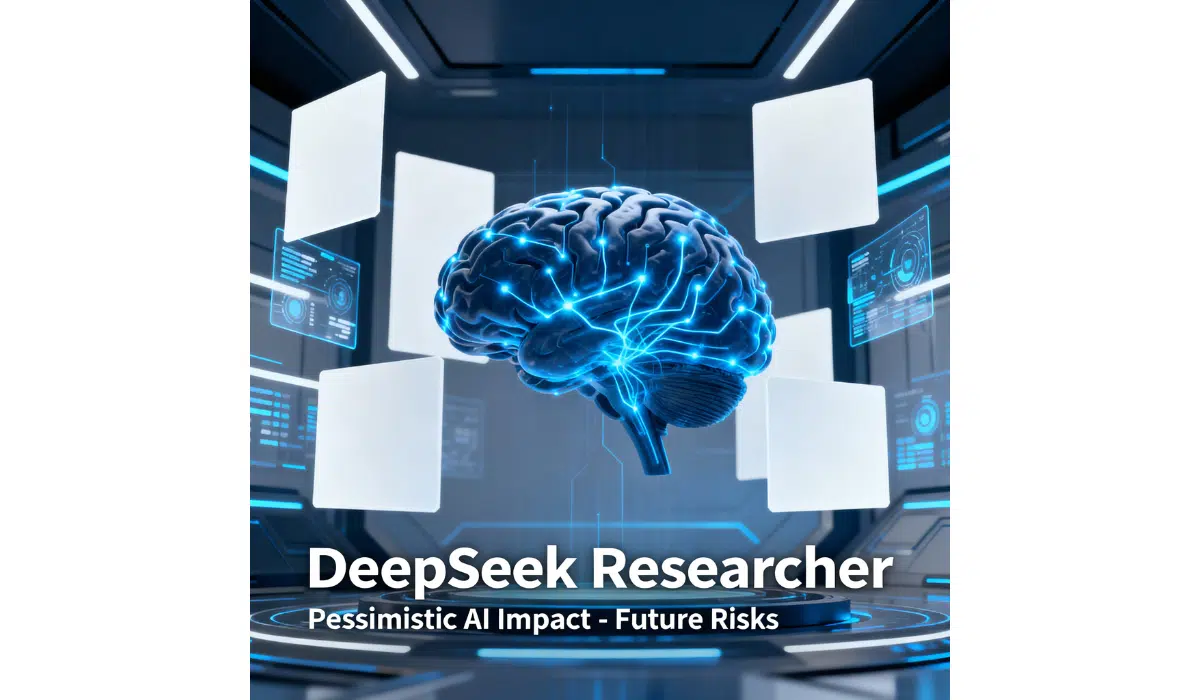 DeepSeek researcher pessimistic AI impact with futuristic AI brain and digital data graphics at World Internet Conference