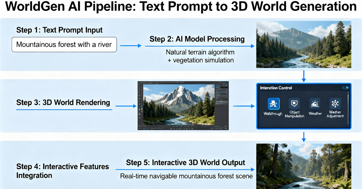 WorldGen AI pipeline transforming text prompts into interactive navigable 3D environments