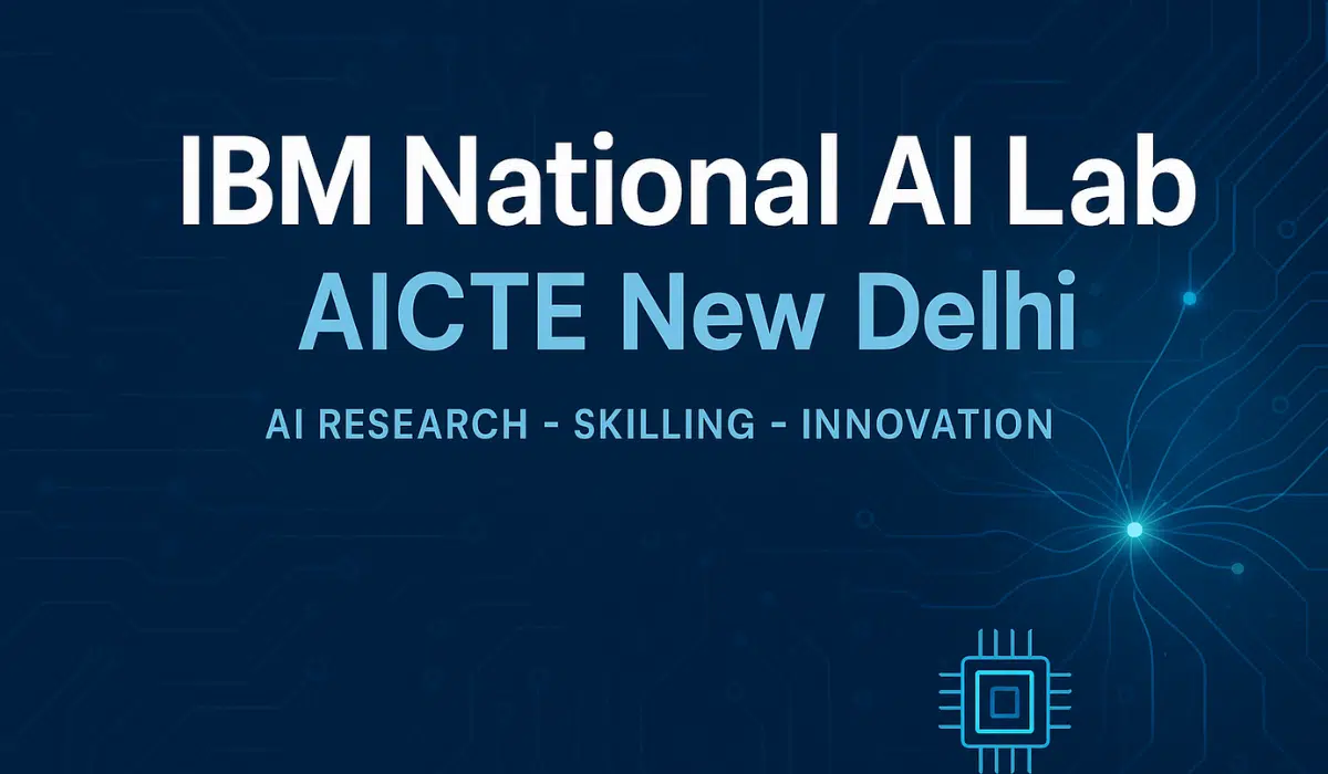 Professional technology-themed feature image showcasing “IBM National AI Lab AICTE New Delhi” with abstract blue circuit patterns, neural lines, and digital AI nodes.