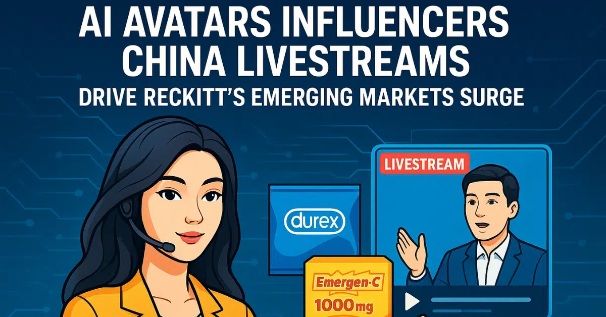 Futuristic AI avatars influencers China livestreams driving Reckitt sales on Douyin with virtual influencers China and emerging markets growth visuals in 2026