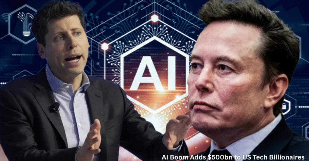 Two prominent tech leaders appear in a split composition against a futuristic digital backdrop, with a glowing “AI” hexagon and circuit patterns symbolizing artificial intelligence and rapid technological growth.