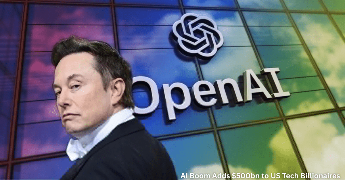 A tech executive-looking man in a dark suit stands in the foreground, glancing sideways, with the OpenAI logo and name displayed prominently on a colorful glass building behind him, symbolizing the AI boom’s impact on tech wealth.