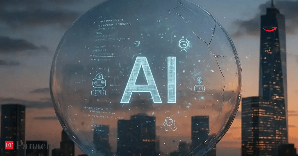 Dramatic cyberpunk illustration of AI bubble burst consequences in 2025: exploding neural network bubble over crashing stock charts, falling chips, and recession graphs