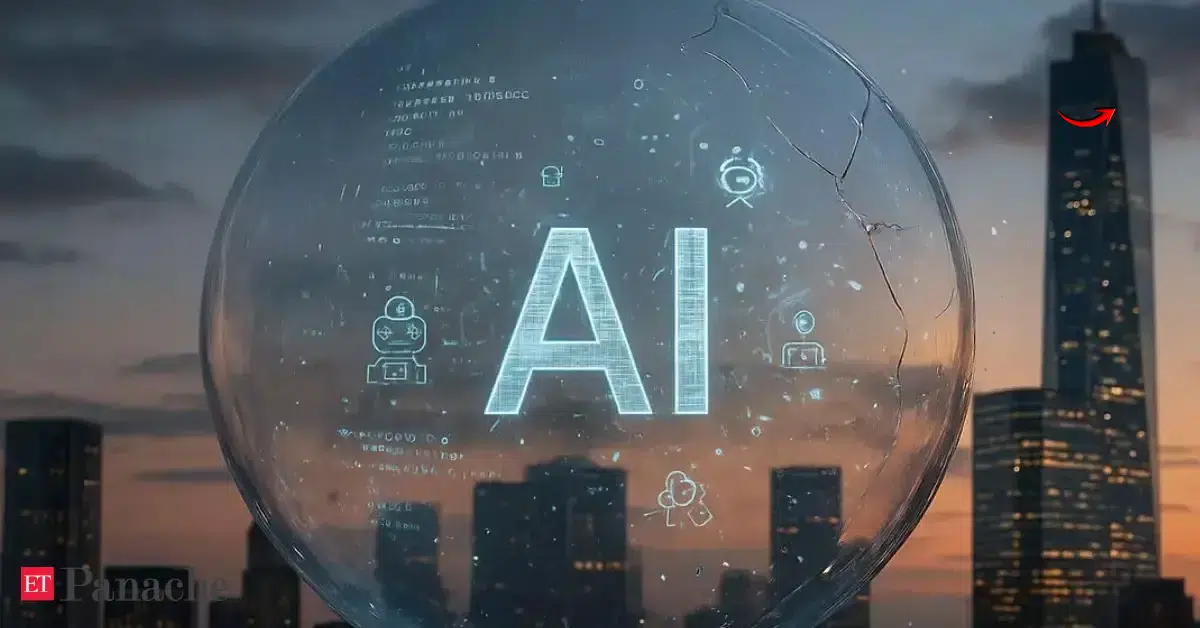 Dramatic cyberpunk illustration of AI bubble burst consequences in 2025: exploding neural network bubble over crashing stock charts, falling chips, and recession graphs