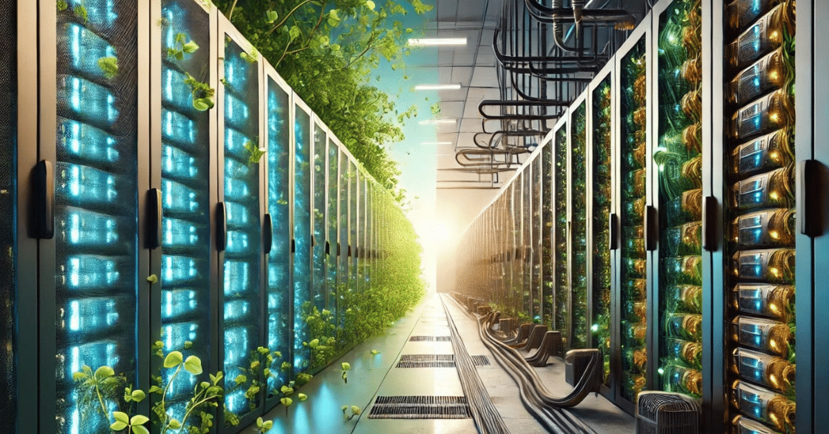 Futuristic AI data center boom skyline with glowing server farms, sparking grid capacity shortages, stalled bridges, and queued renewables in 2030 cyberpunk style.