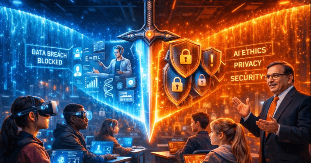 Futuristic 2030 classroom with a glowing holographic double-edged sword symbolizing AI in education—one side showing personalized learning interfaces, the other protected by digital shields for data privacy and AI ethics, as educationist Shishir Jaipuria addresses diverse students amid cyberpunk blue and orange visuals.