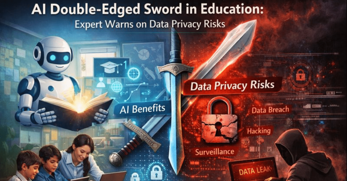 AI as a double-edged sword in education—students learning with AI tools on one side and data privacy risks, hacking, and surveillance on the other.