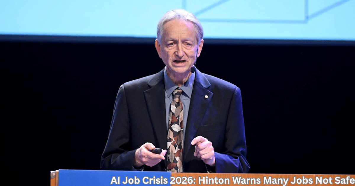 A senior AI researcher speaking on stage at a technology conference, discussing the future impact of artificial intelligence on jobs in 2026.