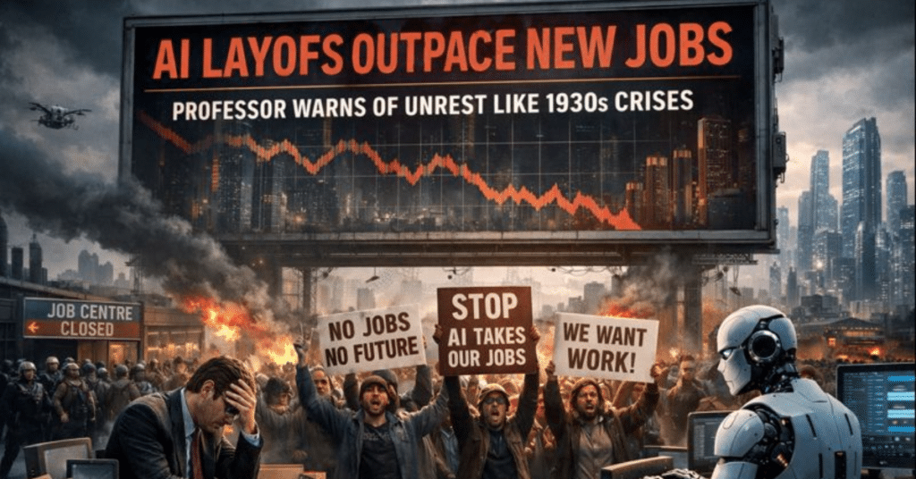 Futuristic city protest scene showing workers demonstrating against AI-driven job losses beneath a massive billboard reading “AI Layoffs Outpace New Jobs,” while a humanoid robot works at a computer amid flames and unrest.