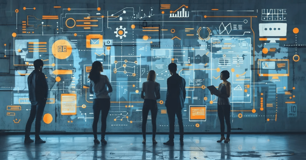 Silhouettes of business professionals standing in front of a huge digital wall of data, charts, and workflow diagrams, symbolizing AI-driven finance and automation.
