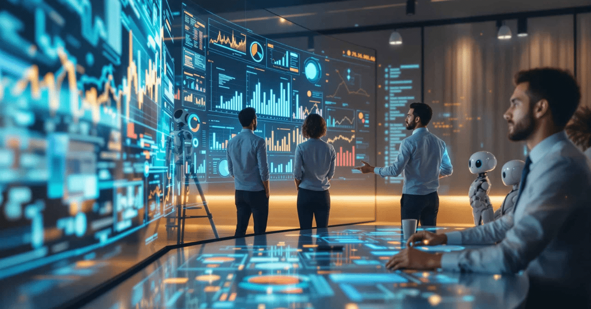Futuristic finance office where human analysts and small humanoid robots study glowing data dashboards, symbolizing AI-powered financial analysis and automation.