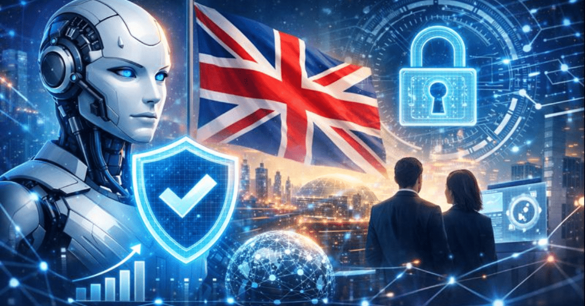 Futuristic AI safety concept with a humanoid robot, glowing security shield, and UK flag over a digital cityscape symbolizing improved AI safeguards