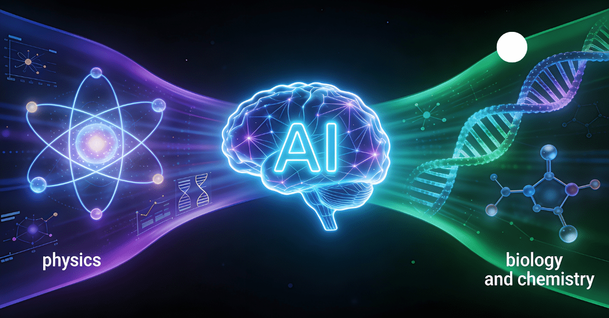 A digital art piece showing a glowing central AI core with streams of information representing scientific disciplines like physics, chemistry, and biology, symbolizing AI scientific reasoning.