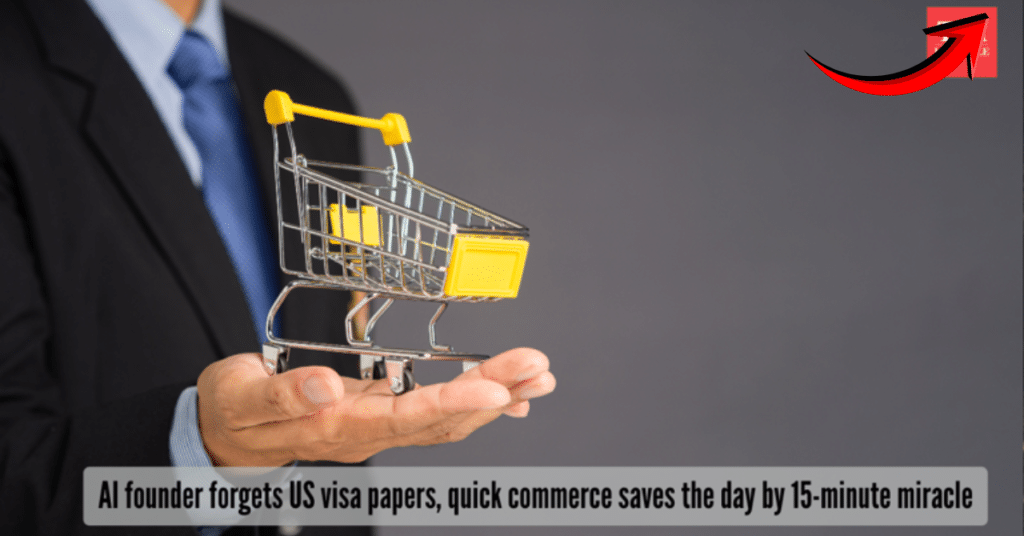 Business professional holding a miniature shopping cart symbolizing quick commerce, with headline about an AI founder saved by a 15-minute delivery at a US embassy.