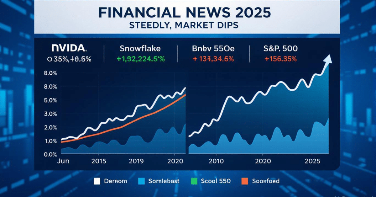AI stocks bet on future with 2025 financial news chart comparing Nvidia, Snowflake, S&P 500 and other indexes rising over time.