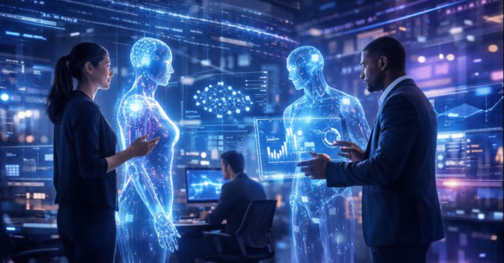 Humans collaborating with holographic AI agents in a futuristic digital workspace, analyzing glowing data streams and neural network dashboards.